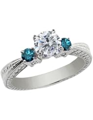 1.24 Ct Round H/I and Blue Diamond 925 Sterling Silver 3-Stone Ring
