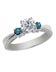 1.24 Ct Round H/I and Blue Diamond 925 Sterling Silver 3-Stone Ring