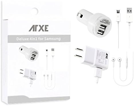 ATXE Deluxe 4in1 ( Dual USB Car Charger + Micro USB Data Charging Cable + Wall Charger + Headphone ) for Samsung Galaxy S3 S4 I9500 I9300, Note 2 N7100 and HTC cell phone etc.