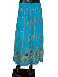 Bohemian Gypsy Bellydance Floral Sequin Beaded Sky Blue Womens Long Skirt