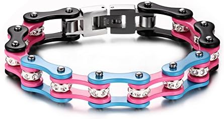 Men's Stainless Steel Three-tone Motorcycle Biker Chain Link Bracelets with Rhinestones, 7.8"