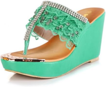 Kvoll Lady's Steel Toe Candy Lace Platform Slippers with Rhinestones,Green,39