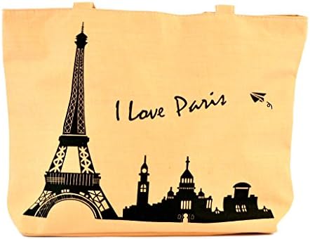 LSW "I Love Paris" Canvas Shoulder Tote Bag (Beige)
