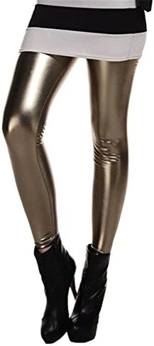 Vwhite Women's Stretchy Metallic Solid Color Mid Waist Skinny Trousers Leggings Green