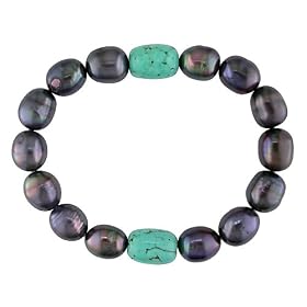 9-10 mm FW Black Pearl and 14x10 mm Oval Turquoise Bead Bracelet, 7"