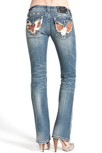 Womens Miss Me Jeans Boot Cut Designer Jeans with Brown/White Cowhide Back Pocket with Studs and Crystals Back Flap Pocket Medium Wash Womens Miss Me Jeans Boot Cut Designer Jeans with Brown/White Cowhide Back Pocket with Studs and Crystals Back Flap Pocket Medium Wash