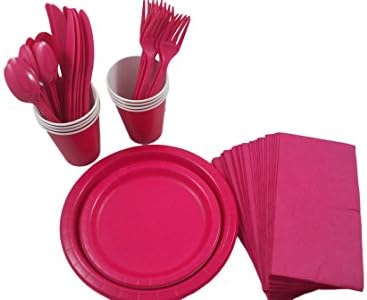 Hot Pink Party Supplies, Perfect for Birthdays or Baby Showers. Kit for 8 Includes Plates, Cups, and Napkins