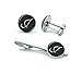 Mens' Personalized Initial Set of Cufflinks and Tie Clip Silver Suit Letter Cuff Link with Giftbox Black J