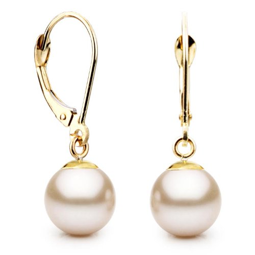 White Freshwater Cultured Pearl 14k Gold Leverback Earrings - 8-9mm, AAA Quality