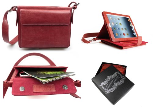 Bear Motion 100% Brazilian Buffalo Leather Shoulder Bag Case with Stand for iPad 2 / iPad 3 / New iPad / iPad 4 Cover (iPad 2 / iPad 3 / iPad 4, Red)