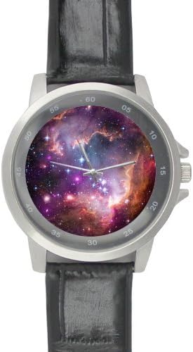 Special Design Space Nebula Universe Galaxy Pattern Custom Unisex Stainless Steel Leather Strap Watch Metal Case, Tempered Glass, Black Leather Band