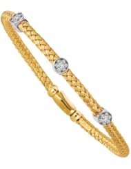Silver Yellow Plated Polish 7.25" 3.7mm Basketweave Bangle With Box Catch And .06 Carat Diamond
