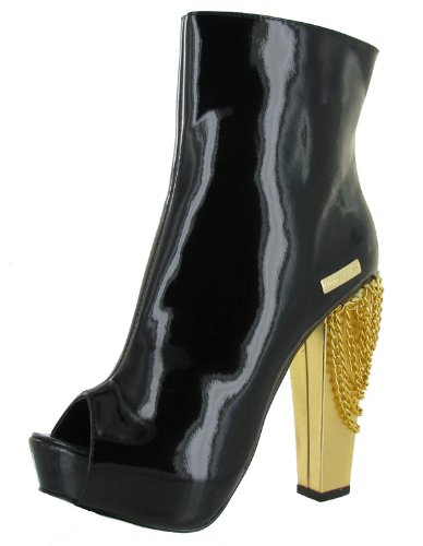 HIGHEST HEEL Rachel Womens Dancer Stripper Shoes Boots Booties Black Patent Gold Chains 5