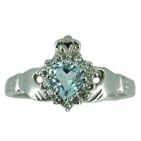 Sterling Silver Birthstone Claddagh Ring - Aquamarine