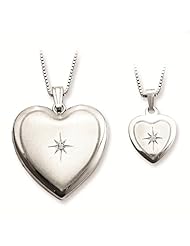 Just Like Mommy Collection Sterling Silver Satin & Polished Finish 0.01 ct Round Solitaire Diamond Shining Star Design Heart Locket Pendant Necklace Set with 14" & 18" Box Chain