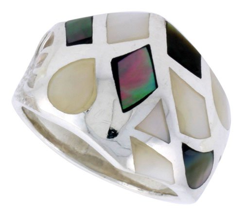 Sterling Silver Freeform Shell Ring, w/Black  White Mother of Pearl Inlay, 3/4" (19mm) wide