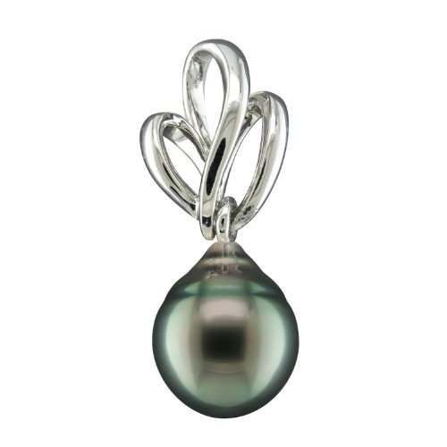 Sterling Silver Fleur de Lis Pendant with Black Tahitian Drop Pearl in Gift Box