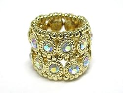 Gold Tone Two Row Aurora Borealis Crystal Thick Stretch Ring