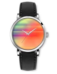 SPRAWL Aanalog Fashion Series Silver Ladies Watches of Genuine Black Leather Strap,Unique Wrist Watch for Women Girls Designed with Background blurred colored lines