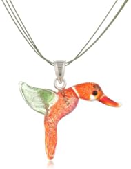 Sterling Silver Dichroic Glass Orange and Green Humming bird Lampwork Pendant Necklace on Stainless Steel Wire, 18"