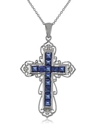 Sterling Silver Ceylon Sapphire(blue) Square with Created White Sapphire Round Cross Pendant Necklace, 18"