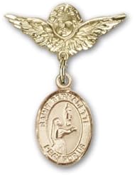 Gold Filled Baby Badge with St. Bernadette Charm and Angel with Wings Badge Pin