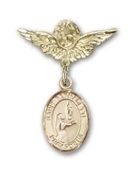 14kt Gold Baby Badge with St. Bernadette Charm and Angel w/Wings Badge Pin