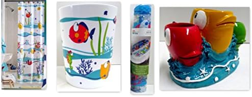 Something's Fishy Bathroom Collection Value Bundle- 4 Piece Set: Shower Curtain, Bath Slip Mat, Toothbrush Holder, and Waste Can Mainstay's Kids