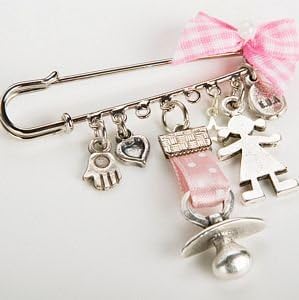 Baby Girl Evil Eye Charm Safety Diaper Pin Silver Brooch Hamsa Khamsa, Pink