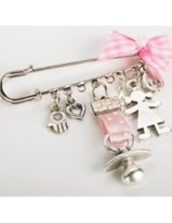 Baby Product: Baby Girl Evil Eye Charm Safety Diaper Pin Silver Brooch Hamsa Khamsa, Pink - Efrat Ben Atar