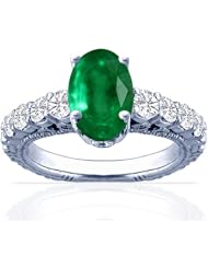 18K White Gold Oval Cut Emerald Ring With Sidestones