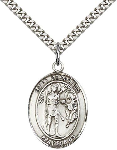 F A Dumont Church Supplies Sterling Silver St. Sebastian Pendant with 24" Stainless Silver Heavy Curb Chain. Patron Saint of Athletes/Soldiers
