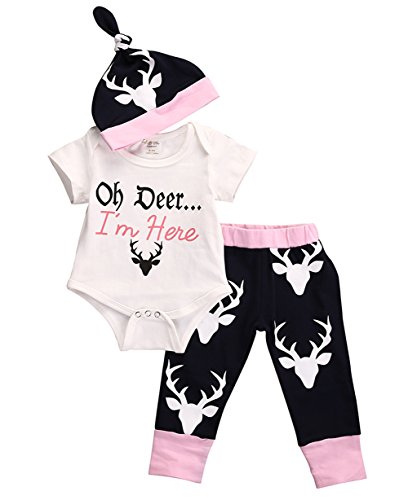 Baby Newborn Girls Cute Bodysuits with Leggings and Hat 3pcs outfit Clothes (0-3M, Pink)
