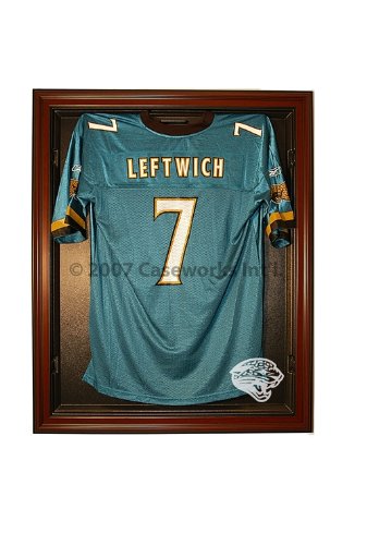 Jacksonville Jaguars Football Jersey Display Case Cabinet Style with Mahogany Finish Frame