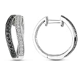 10K White Gold, Black and White Diamond Hoop Earrings, (.33 cttw, GH Color, I2-I3 Clarity)