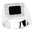Solid Sterling Silver Cubic Zirconia & Onyx Rhodium Plated Men's Ring with Onyx Center and CZ Surrounding Stones
