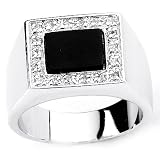 Solid Sterling Silver Cubic Zirconia & Onyx Rhodium Plated Men's Ring with Onyx Center and CZ Surrounding Stones