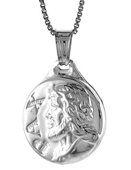 Sterling Silver Jesus Medal, Made in Italy. 3/4 inch (20 mm) in Diameter.