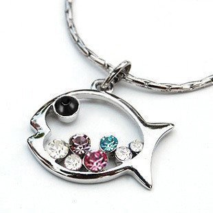 BUYINHOUSE Rainbow Colored Gem Studded Fish Necklace, Lovely Colorful Faux Rhinestone