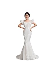 Lace Mermaid Short Sleeves Evening Dress/Wedding Party Dress  with a Brush/Sweep Train 