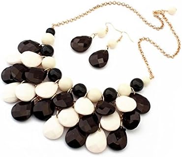 Etiger® 	 Women's Fashion Design Vintage Waterdrop Raindrop Tier Necklace Earrings Sweet Style Chain Choker Earrings Jewelry Set (Black+White)