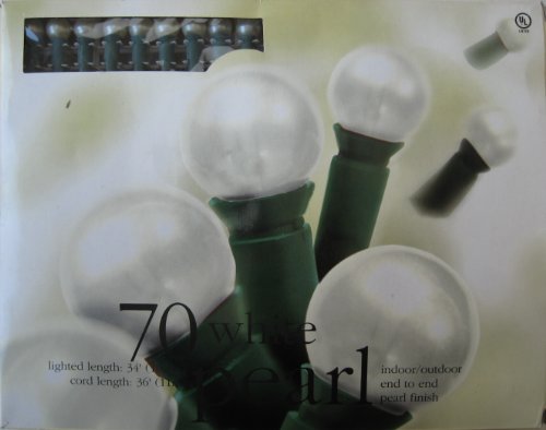 70 count White Pearl Indoor/Outdoor Vintage Christmas Xmas Holiday Lights - Lighted length 34 feet - Cord length 36 feet . One or two of the peral bulbe may have holes in them