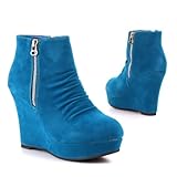 Damen Schuhe, STIEFELETTEN, PLATEAU KEIL WEDGES ANKLE BOOTS, 7773-KA, Synthetik in hochwertiger Velour Leder Optik, Blau, Gr 38