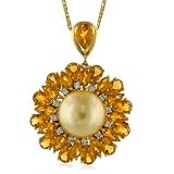 14K Cultured South Sea Golden Pearl, Citrine & Diamond Pendant w/ Chain 18