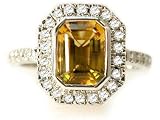 18K White Gold Emerald-Shape Citrine Color Stone Ring, Surrounded by Pave Set Diamonds.