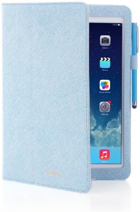 Leather Carrying Folia Cover Case for iPad Air (Retina display & Lightning connector) and iPad Air 2 (with Touch ID) with Built-in Multi-Angle Viewing Stand, hand strap, sleep/wakeup function and FREE Touch Screen Stylus Pen (Aqua)