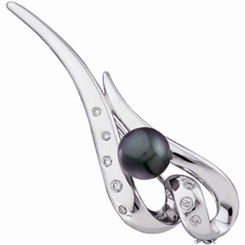 1 5Ct.T.W. Round Brilliant Cut Diamonds 9mm FreshWater Cultured Black Pearl 14Kt. Yellow Gold Brooch