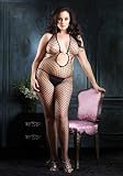 Plus Size Industrial Net Halter Bodystocking W/ Pave Rhinestone Center Accent