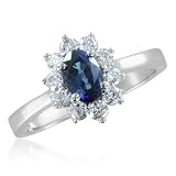 Natural Sapphire and Diamond Engagement Ring in 14k White Gold Halo Ring (G, SI2, 1.10 cttw), 6x4 mm, Certificate of Authenticity