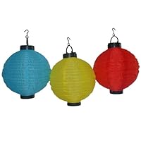 Chinese Lanterns Battery Operated Solar LED Lights Set - Blue/yellow/red Nylon Lamp for Outdoor Hanging - 3-pack Large Round Ball Set for Gardens, Patio, Deck and Party - Chineses Japanese Decorative Indoor Style with Lifetime Warranty